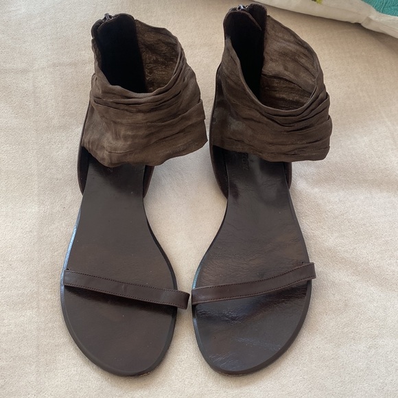 Delman, minimalist strap sandals, leather, ankle chiffon fabric, brown size 9 - Picture 8 of 14